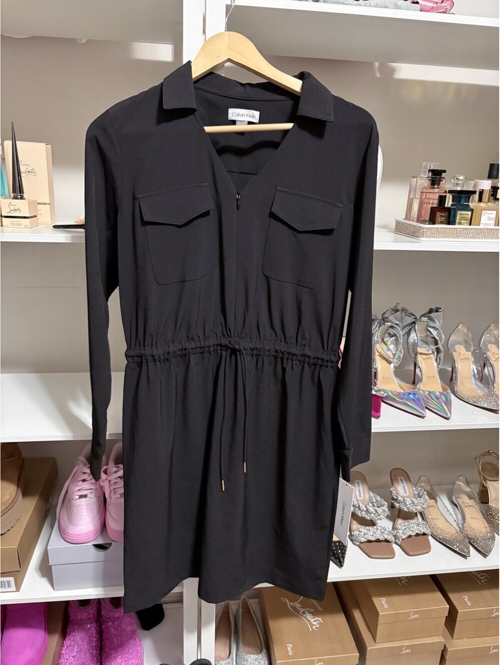 NWT $134 Calvin Klein Dress Black Flowy Casual Tie Front Womens Size 10